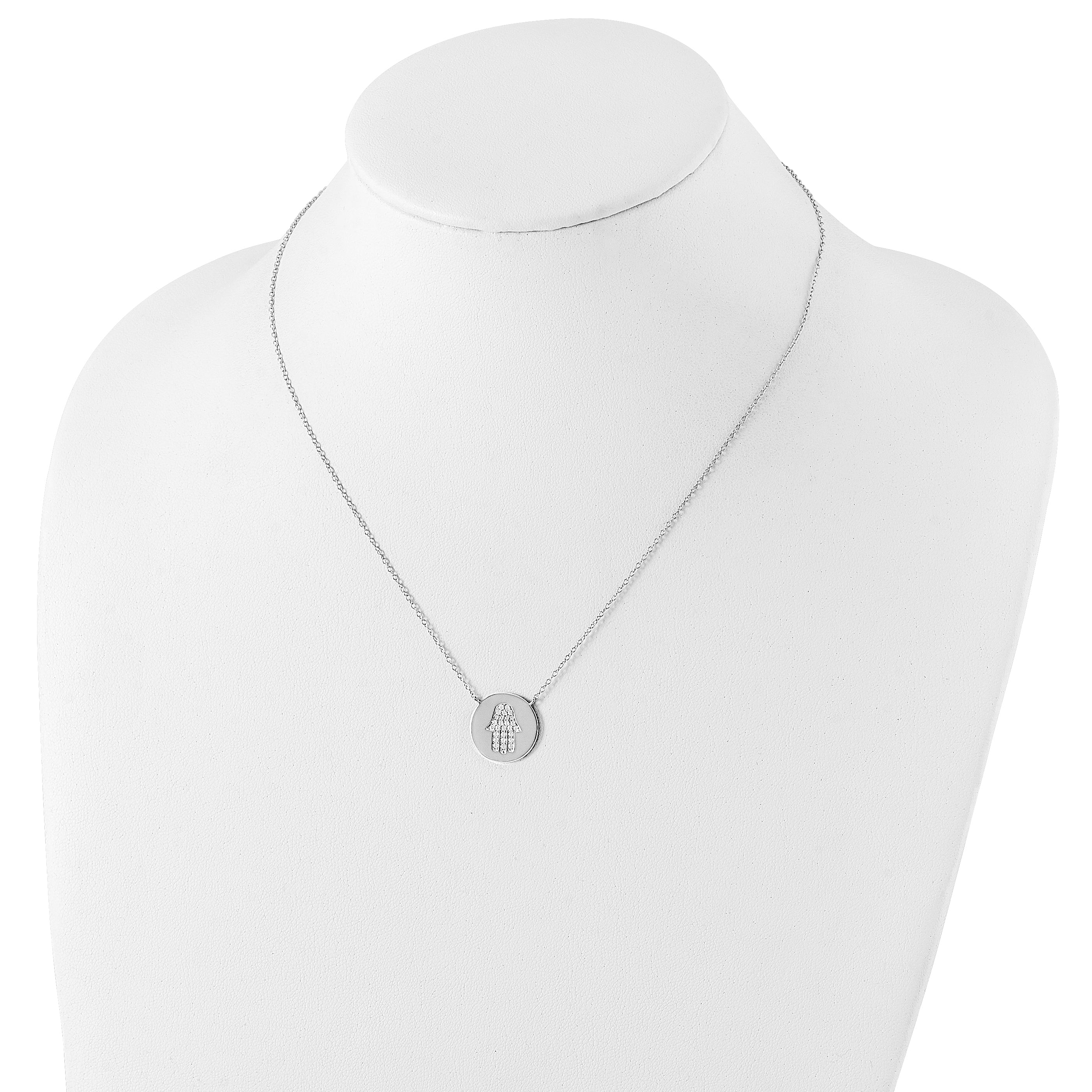 Sterling Silver Rhodium-plated Hamsa w/CZ w/2in ext. Necklace