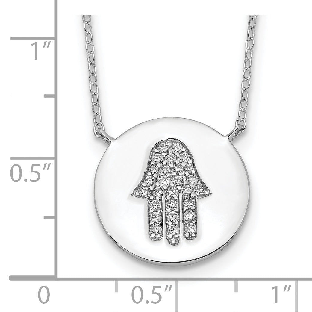 Sterling Silver Rhodium-plated Hamsa w/CZ w/2in ext. Necklace