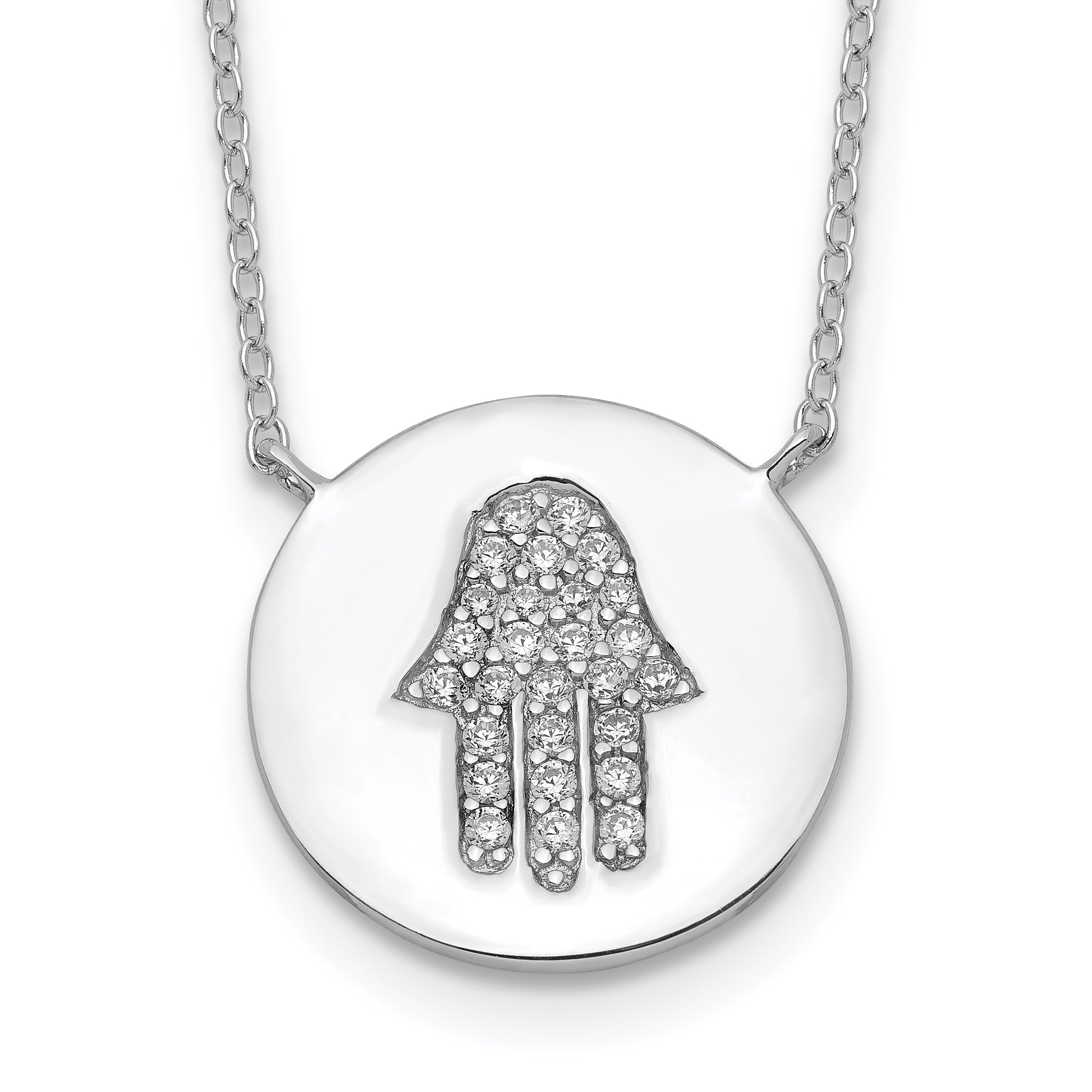 Sterling Silver Rhodium-plated Hamsa w/CZ w/2in ext. Necklace