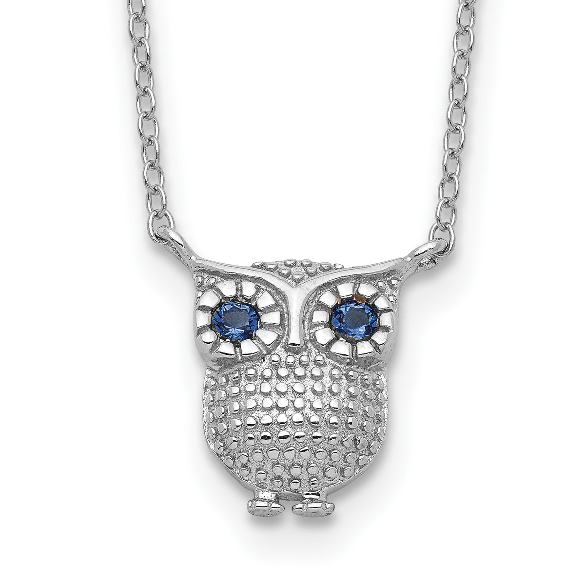 Sterling Silver RH-pltd Blue Glass Stone Owl 2in ext Necklace