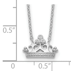 Sterling Silver Rhodium-plated Polished & Beaded CZ Crown with 2 Inch Extension Necklace