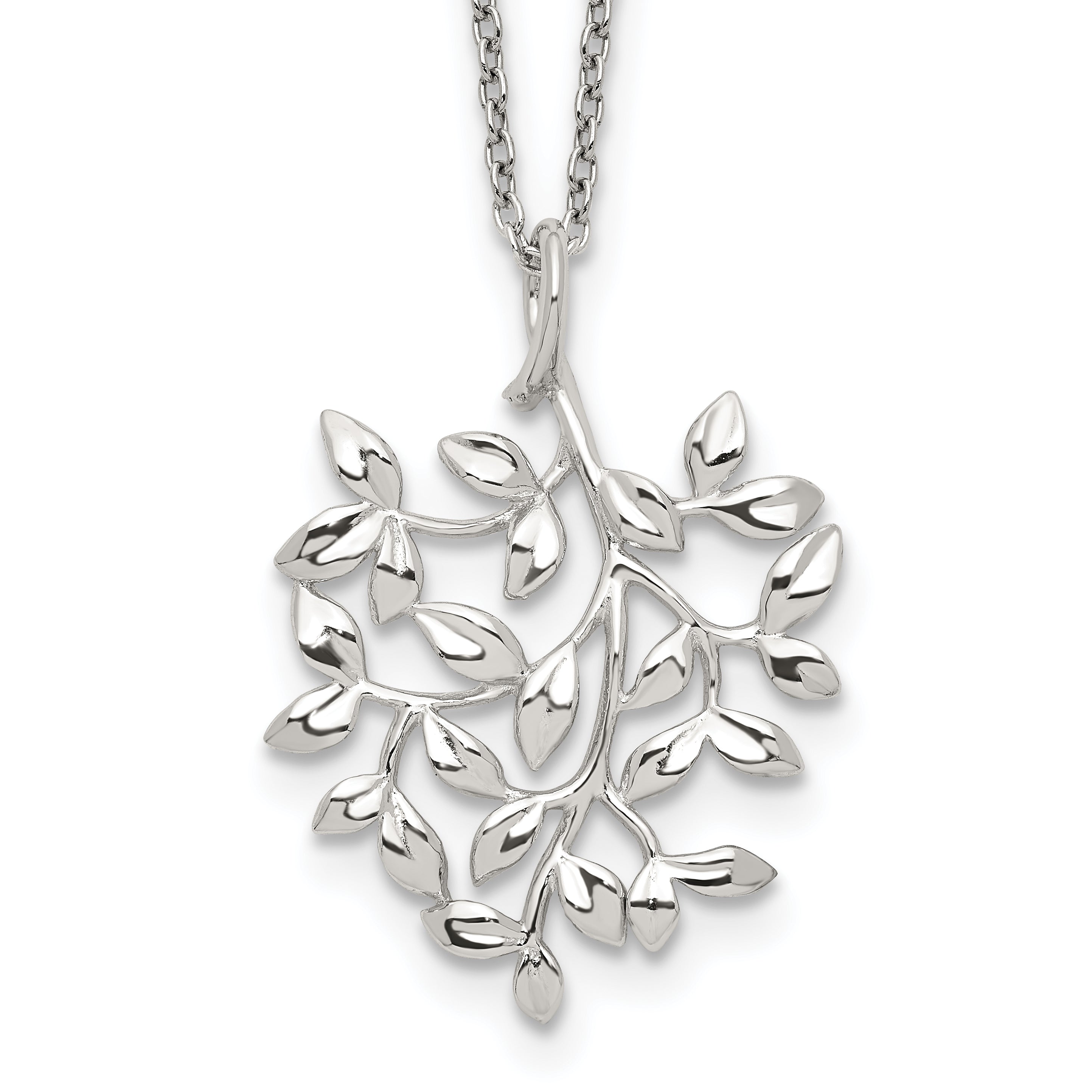 Sterling Silver Rhodium-plated Polished CZ Leaf Necklace