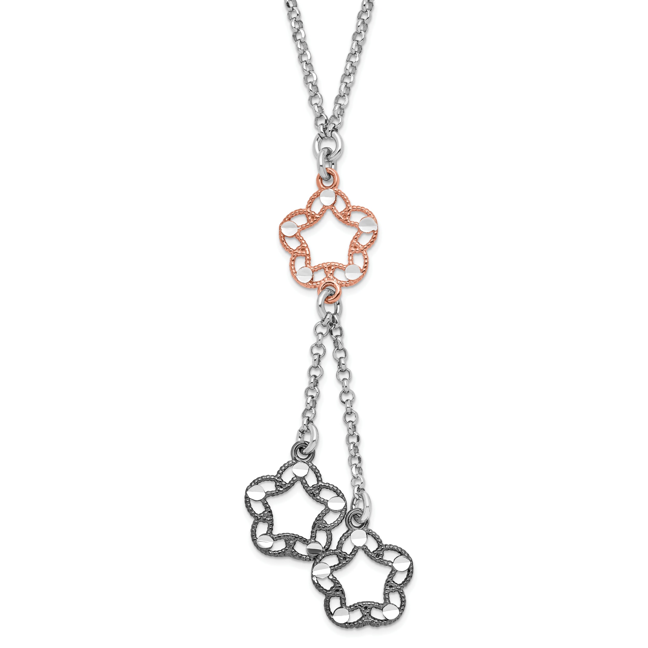 Sterling Silver Rose-tone & Ruthenium-plated D/C Floral Drop Necklace