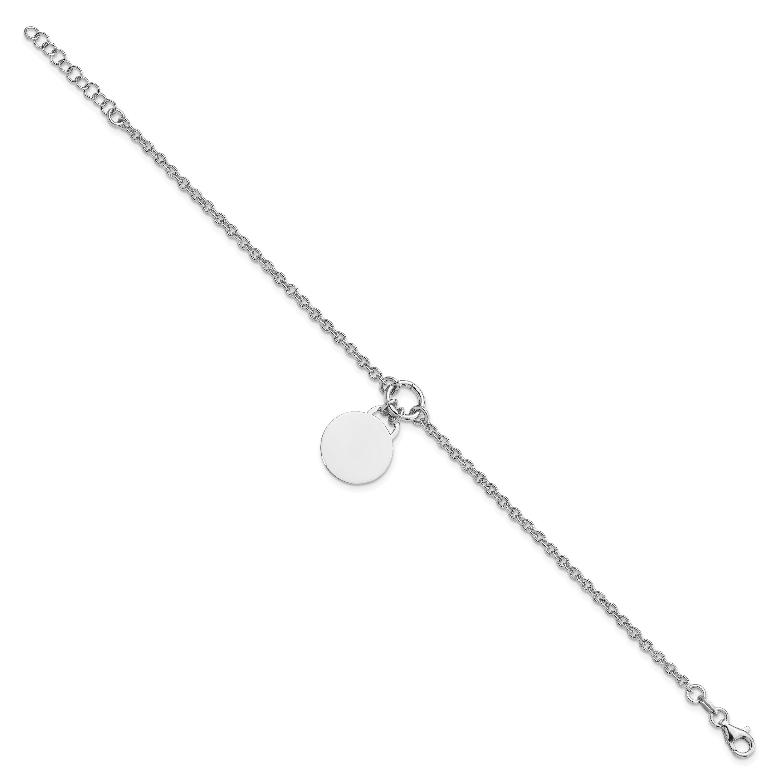 Sterling Silver Rhodium-plated Engravable Disc w/1in ext Bracelet