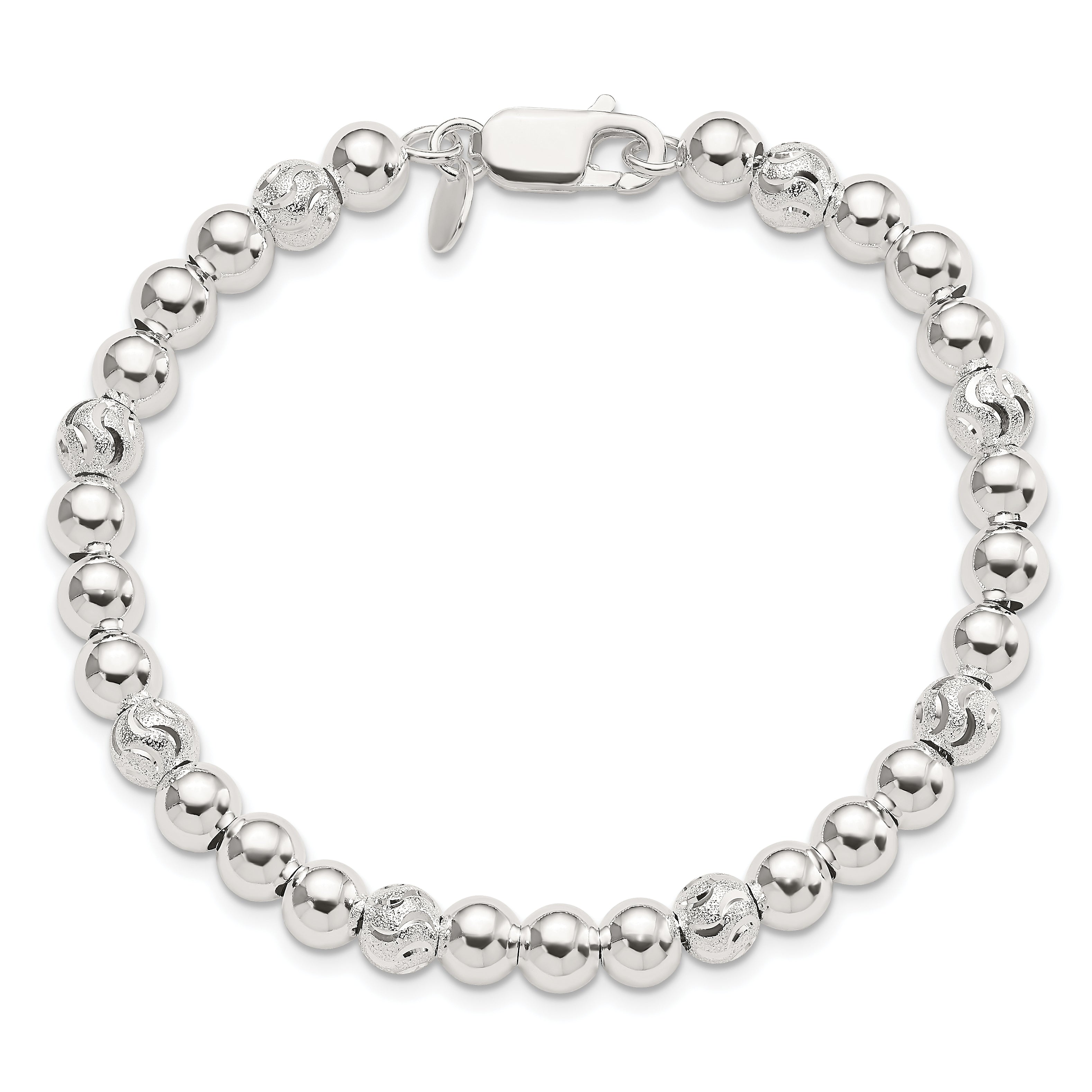 Sterling Silver Polished Diamond-cut Beaded Bracelet