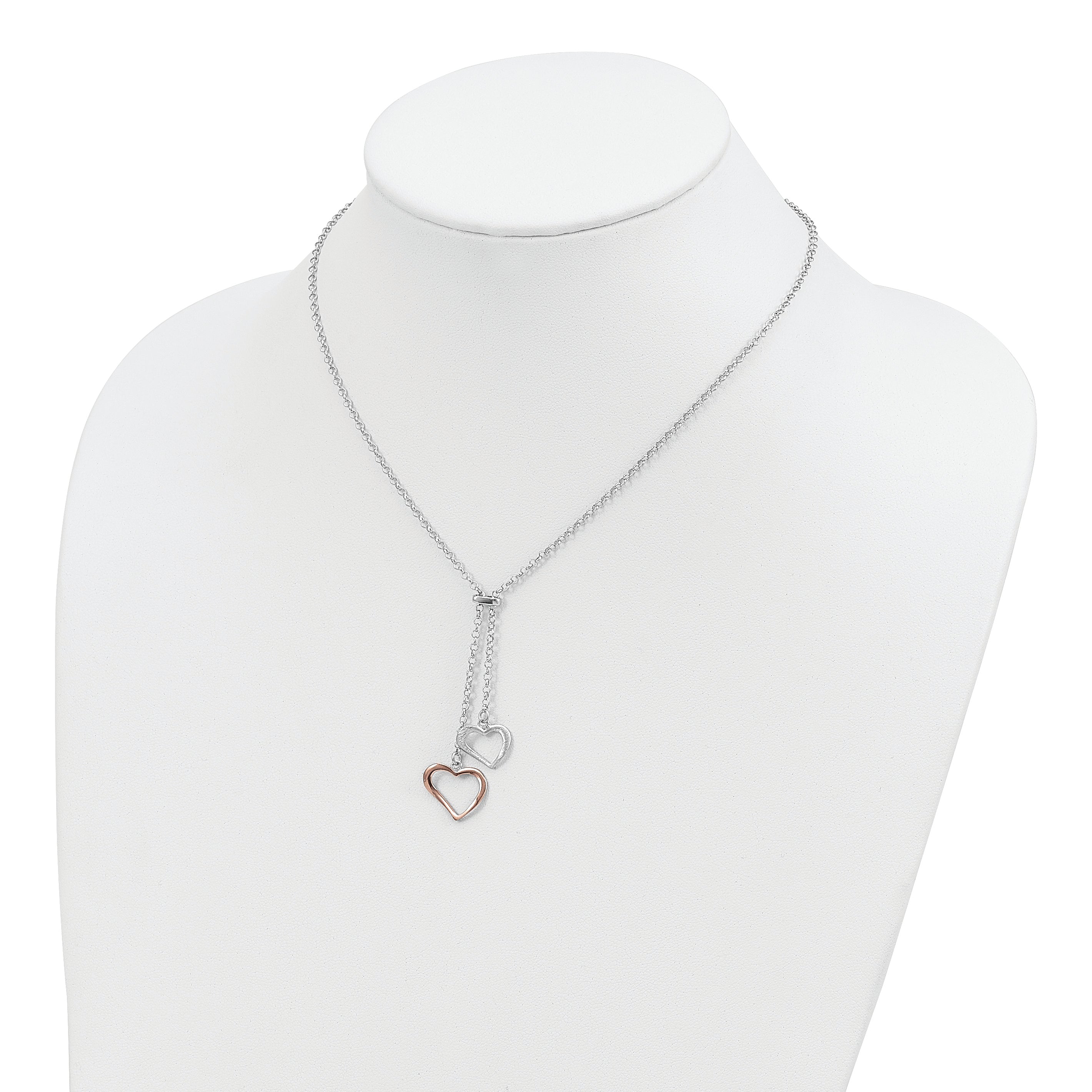 Sterling Silver Rose-tone Polished Textured 2-Heart Necklace