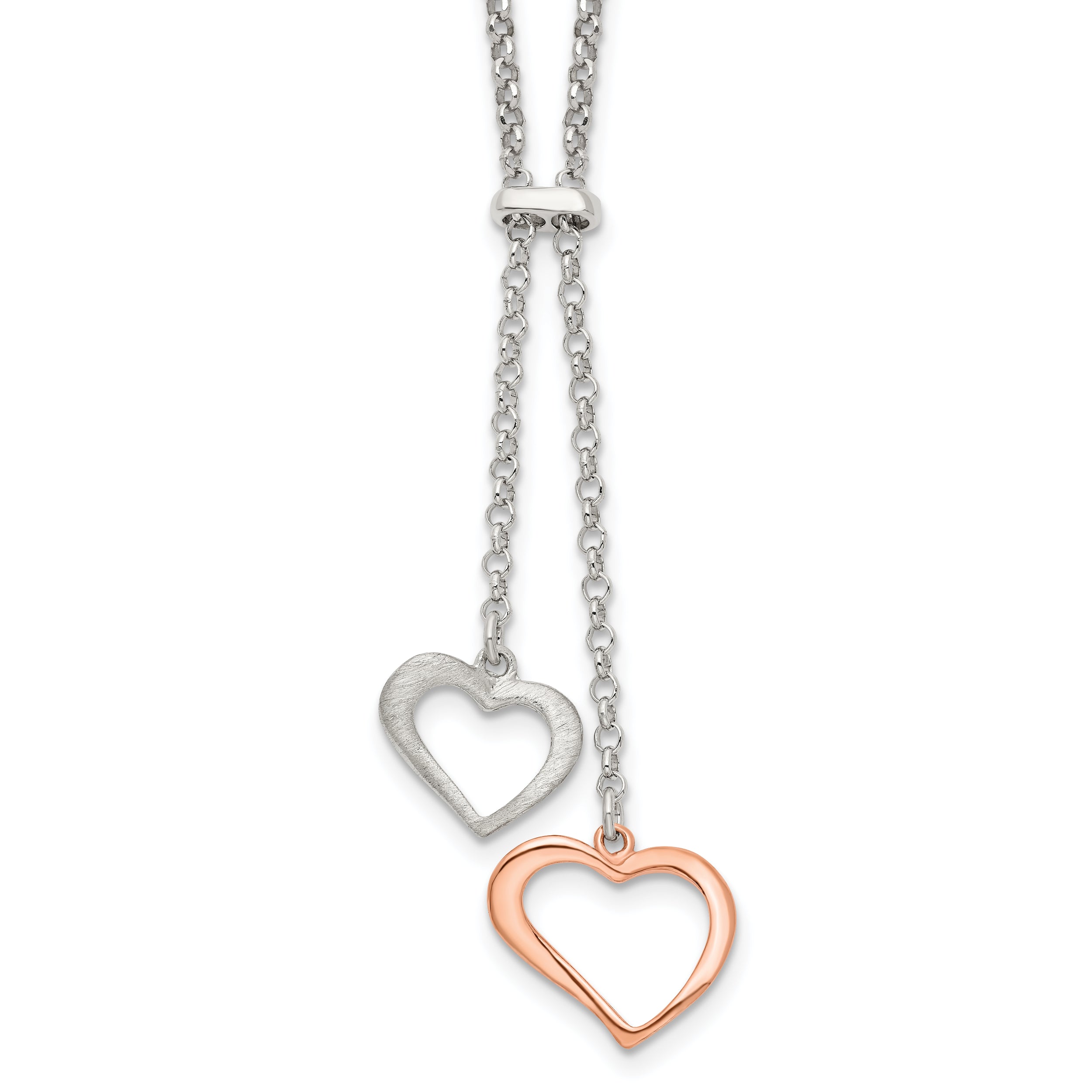 Sterling Silver Rose-tone Polished Textured 2-Heart Necklace