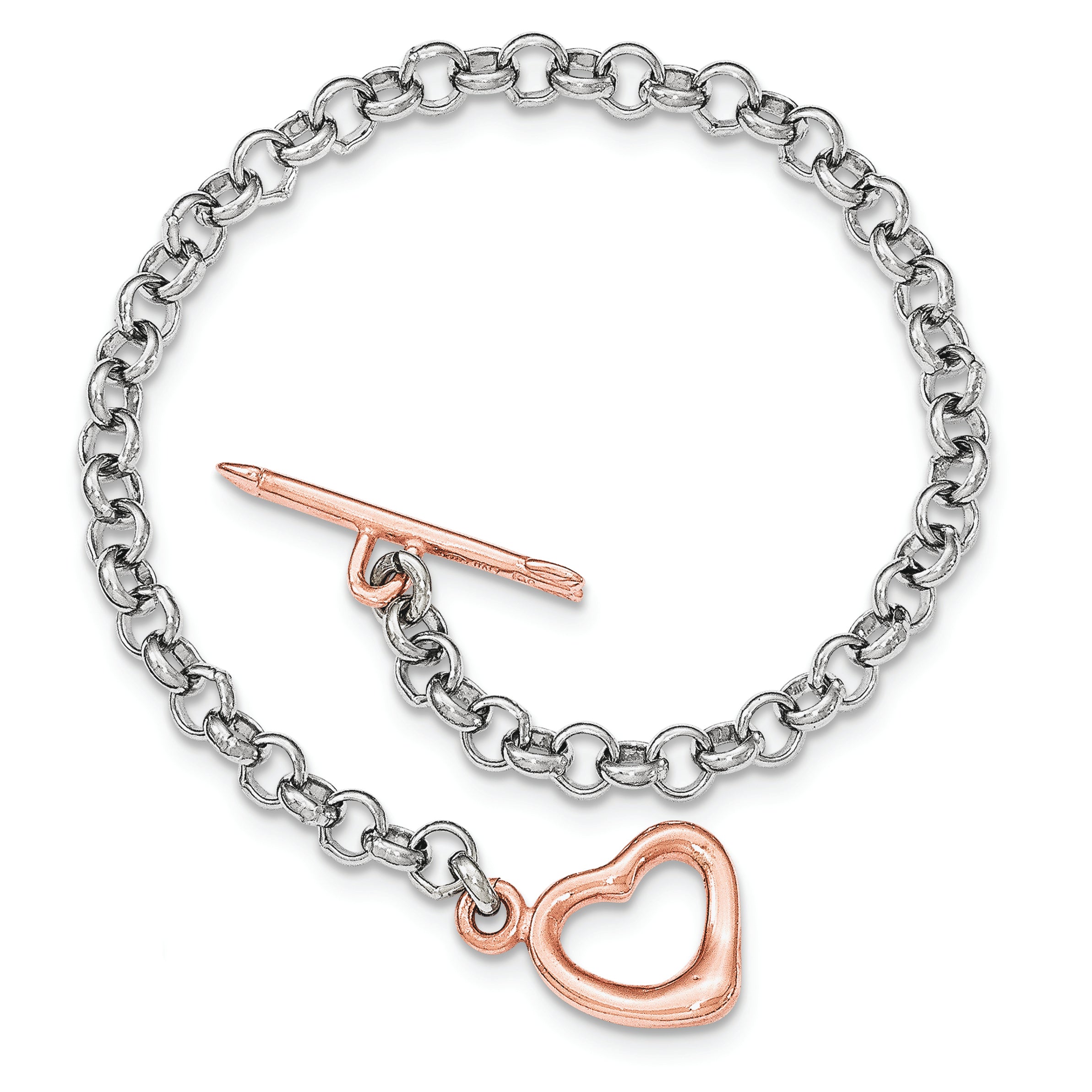 Sterling Silver Rhodium-plated Rose-tone Rolo w/Heart Bracelet