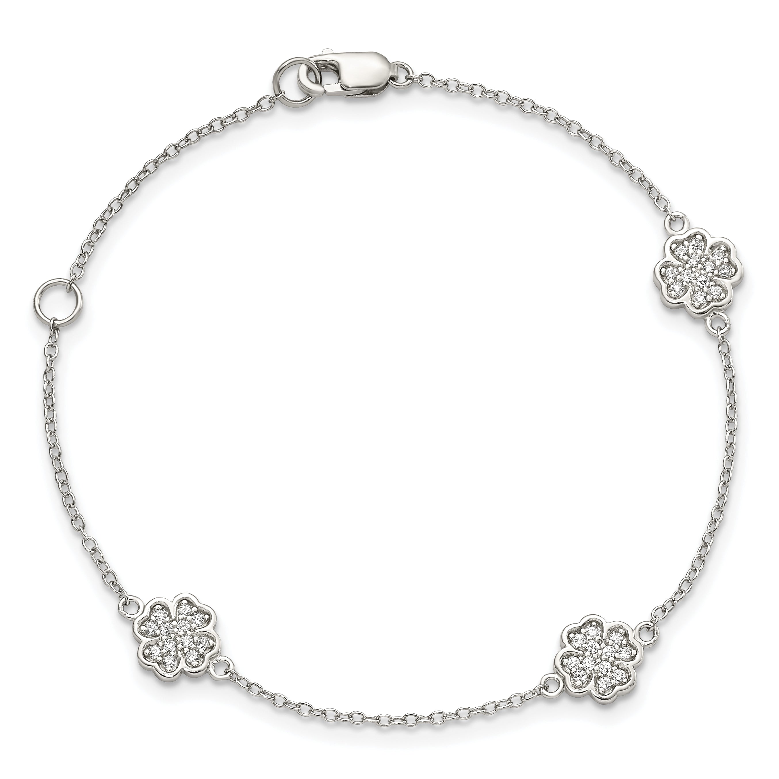 Sterling Silver Rhodium-plated Polished CZ Four Leaf Clover 7in Bracelet