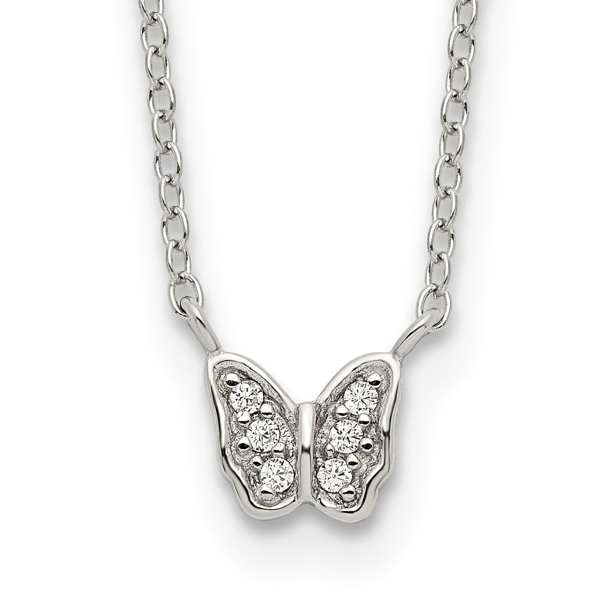 Sterling Silver Rhodium-plated Polished CZ Butterfly 16 Inch Necklace with 2 Inch extension