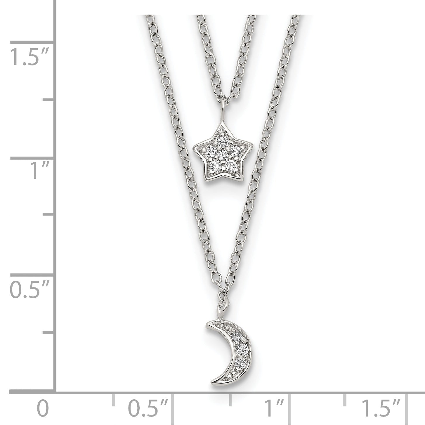 Sterling Silver RH-plate CZ Moon/Star 2-Strand w/1in ext Necklace