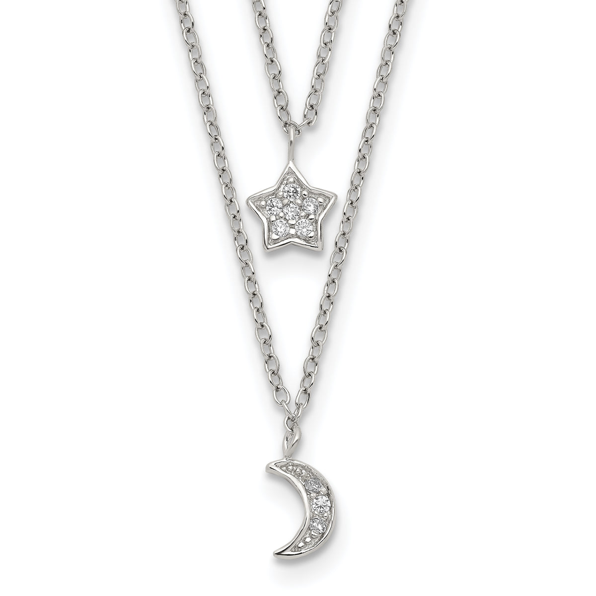 Sterling Silver RH-plate CZ Moon/Star 2-Strand w/1in ext Necklace