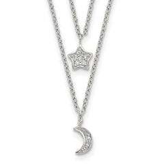 Sterling Silver RH-plate CZ Moon/Star 2-Strand w/1in ext Necklace