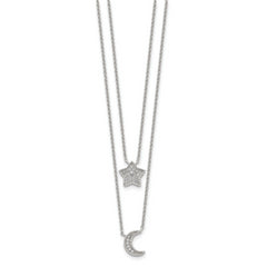 Sterling Silver RH-plated Polished CZ Moon and Star Double Strand Necklace