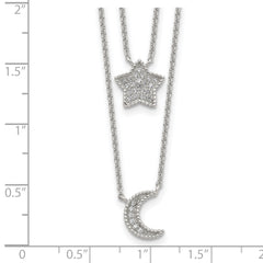 Sterling Silver RH-plated Polished CZ Moon and Star Double Strand Necklace