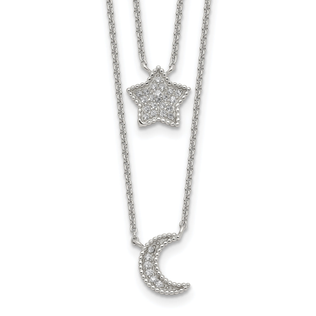 Sterling Silver RH-plated Polished CZ Moon and Star Double Strand Necklace