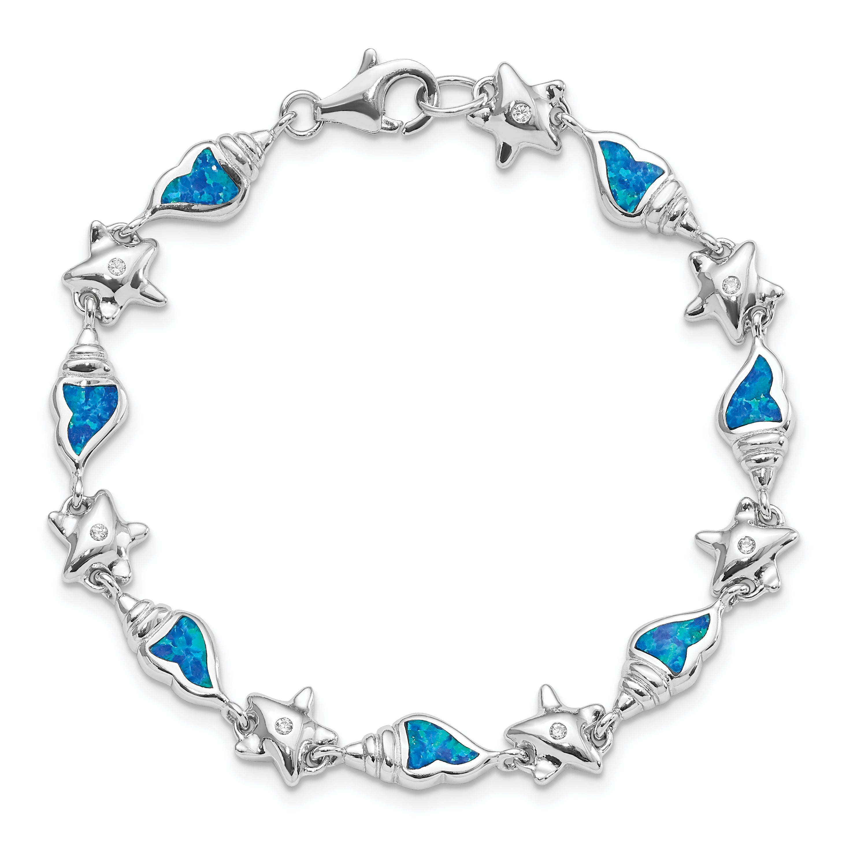 Sterling Silver Rhodium Starfish CZ and Created Opal Seashell 7.25 inch Bracelet