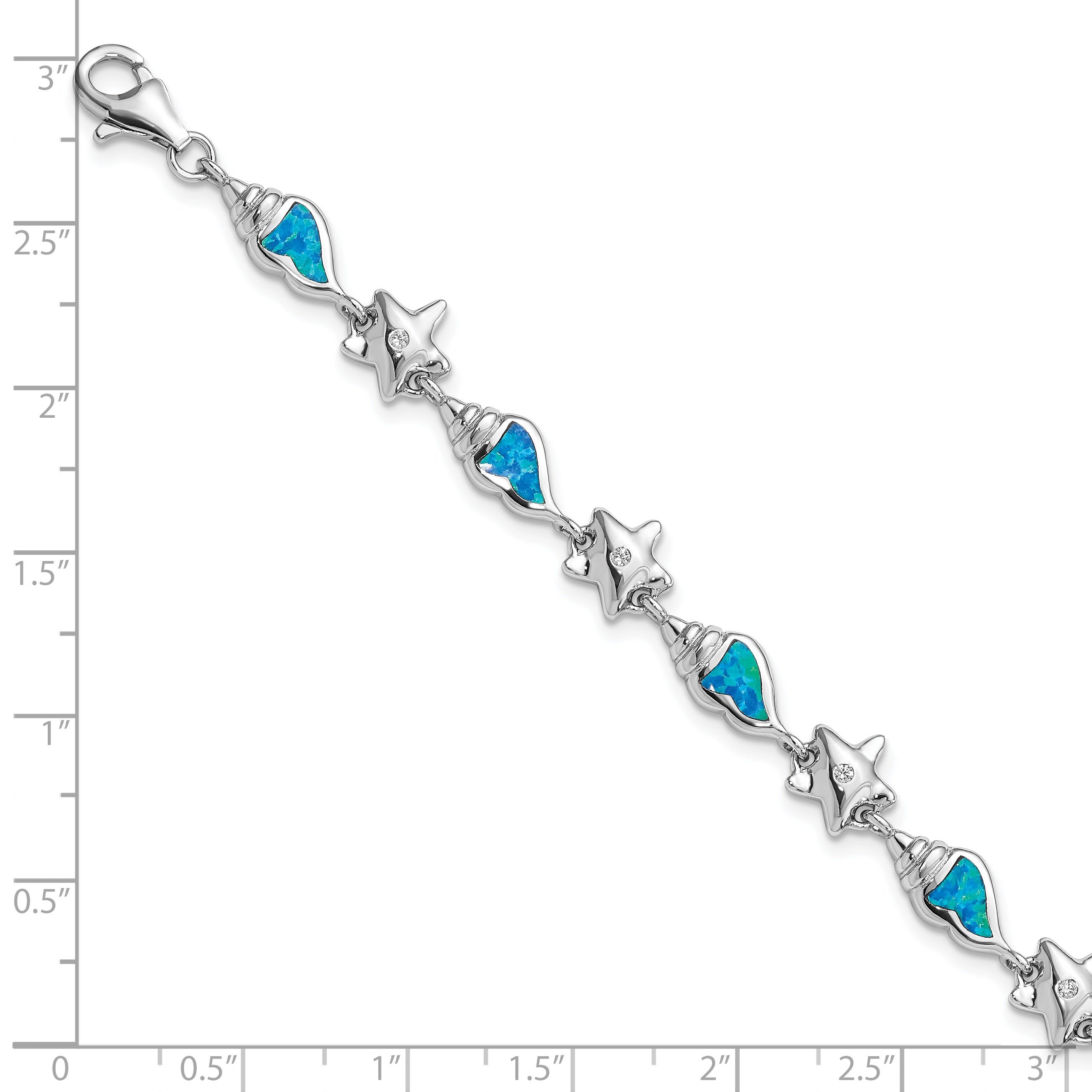 Sterling Silver Rhodium Starfish CZ and Created Opal Seashell 7.25 inch Bracelet