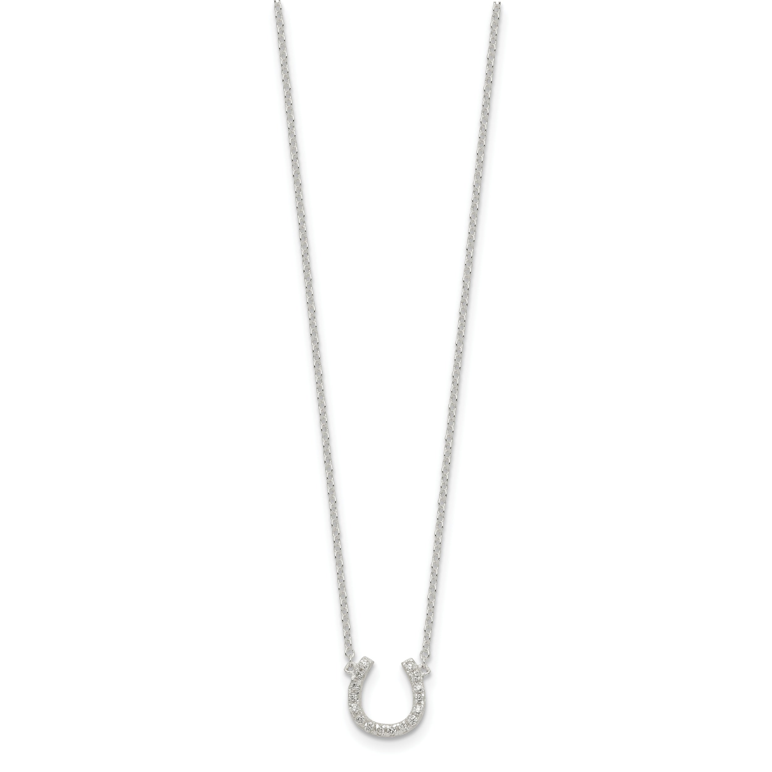 Sterling Silver Polished CZ Horseshoe w/ 1 inch ext Necklace