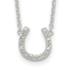 Sterling Silver Polished CZ Horseshoe w/ 1 inch ext Necklace