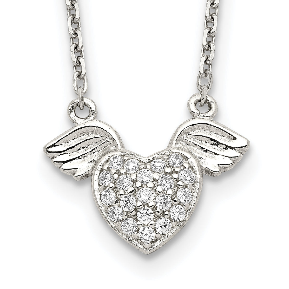 Sterling Silver Rhodium-plated Polished CZ Heart w/Wings 16 inch Necklace