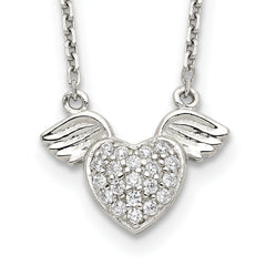 Sterling Silver Rhodium-plated Polished CZ Heart w/Wings 16 inch Necklace