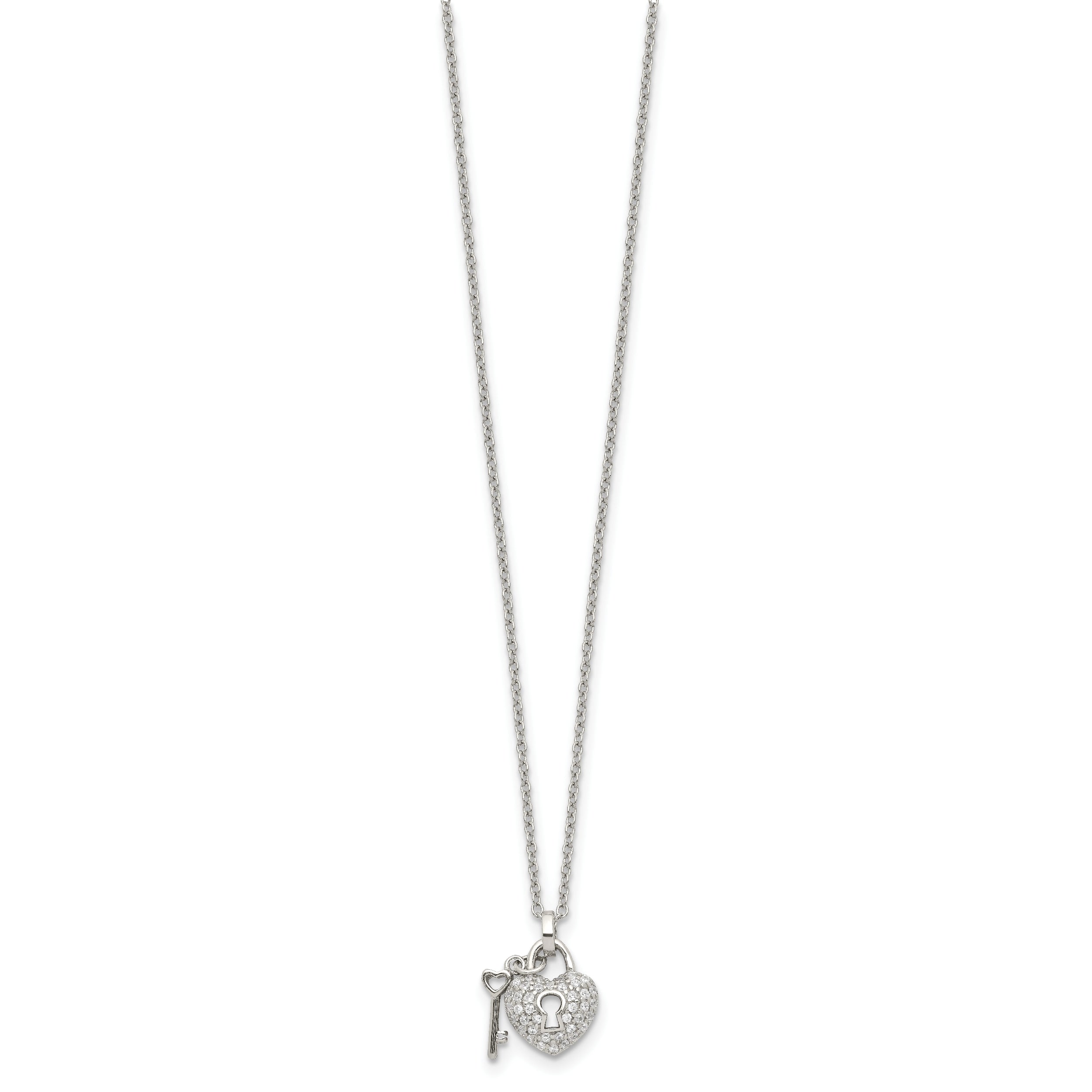 Sterling Silver Rhodium Plated Polished Key and CZ Lock 16.5 inch Necklace with 2 inch extension