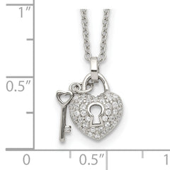 Sterling Silver Rhodium Plated Polished Key and CZ Lock 16.5 inch Necklace with 2 inch extension