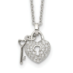 Sterling Silver Rhodium Plated Polished Key and CZ Lock 16.5 inch Necklace with 2 inch extension