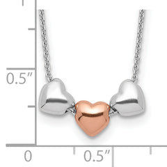 Sterling Silver Rhodium Rose-tone 3-Hearts w/.75 ext Necklace