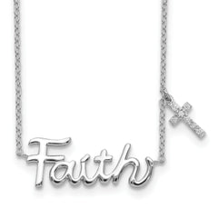 Sterling Silver Rhodium-plated FAITH w/CZ Cross Charm Necklace