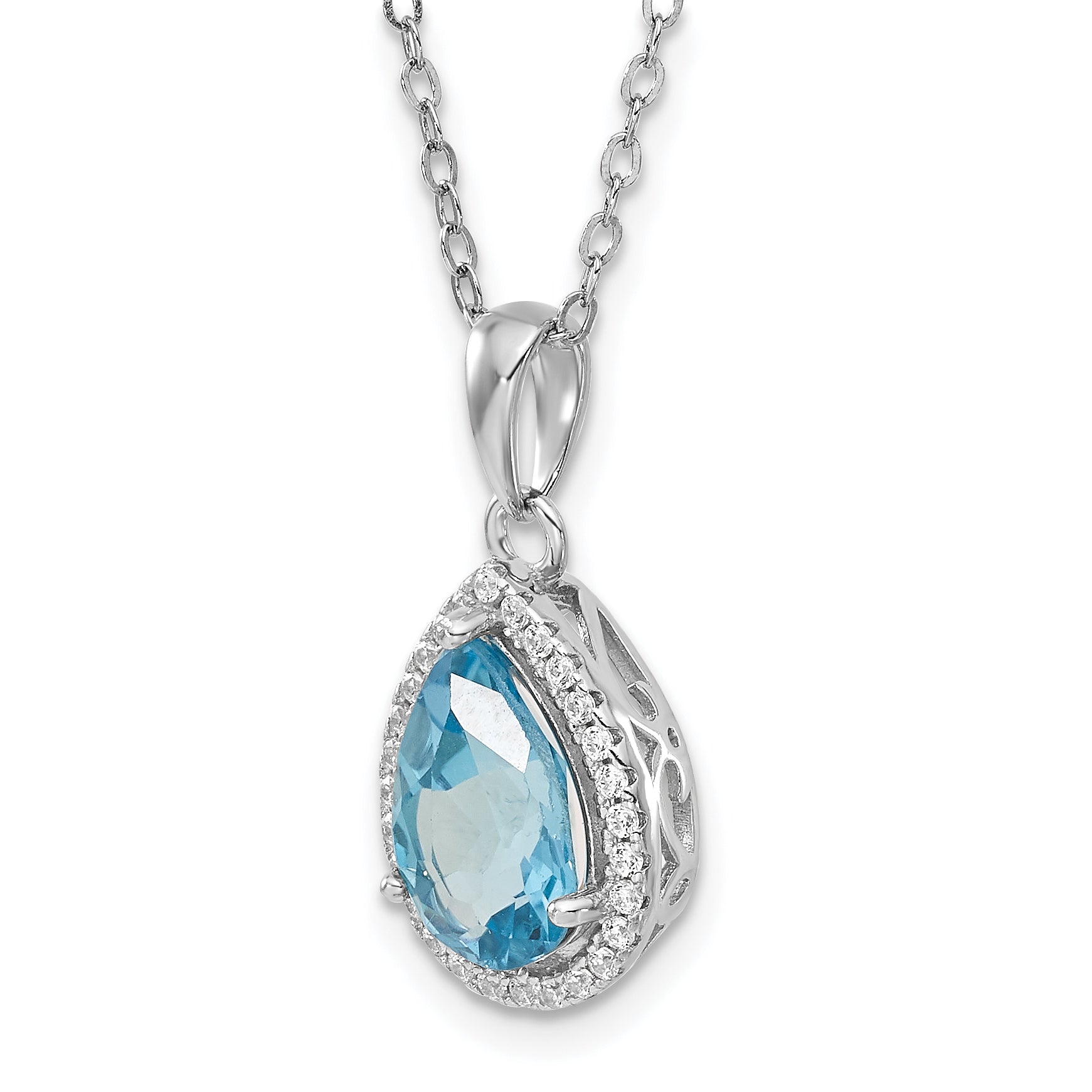 Sterling Silver Blue Topaz Necklace with CZ Accents Elegant December Birthstone