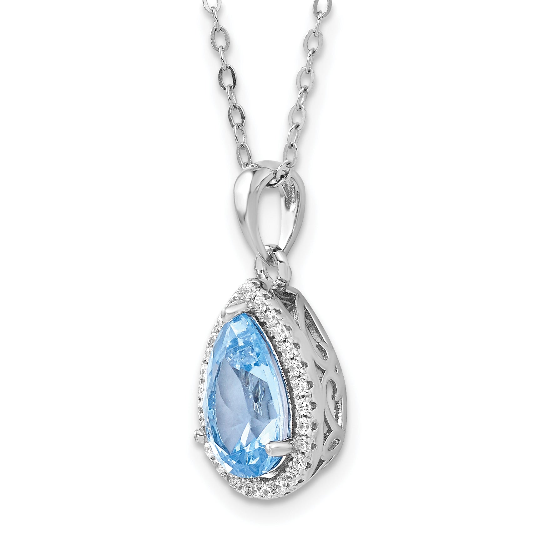 Sterling Silver Rhodium Polished Created Aquamarine & CZ Necklace