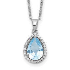 Sterling Silver Rhodium Polished Created Aquamarine & CZ Necklace