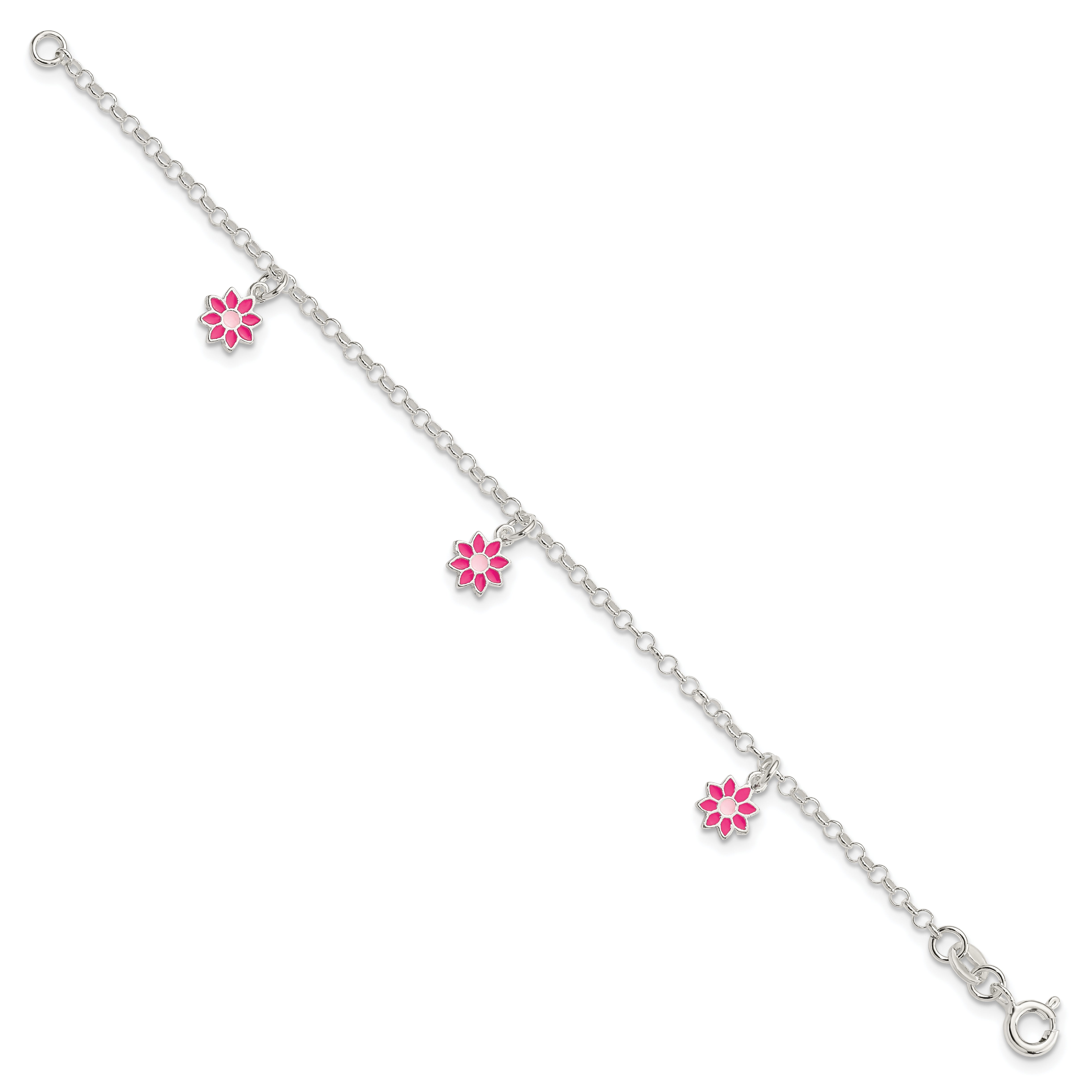 Sterling Silver Polished Pink Enameled Flowers Children's Bracelet