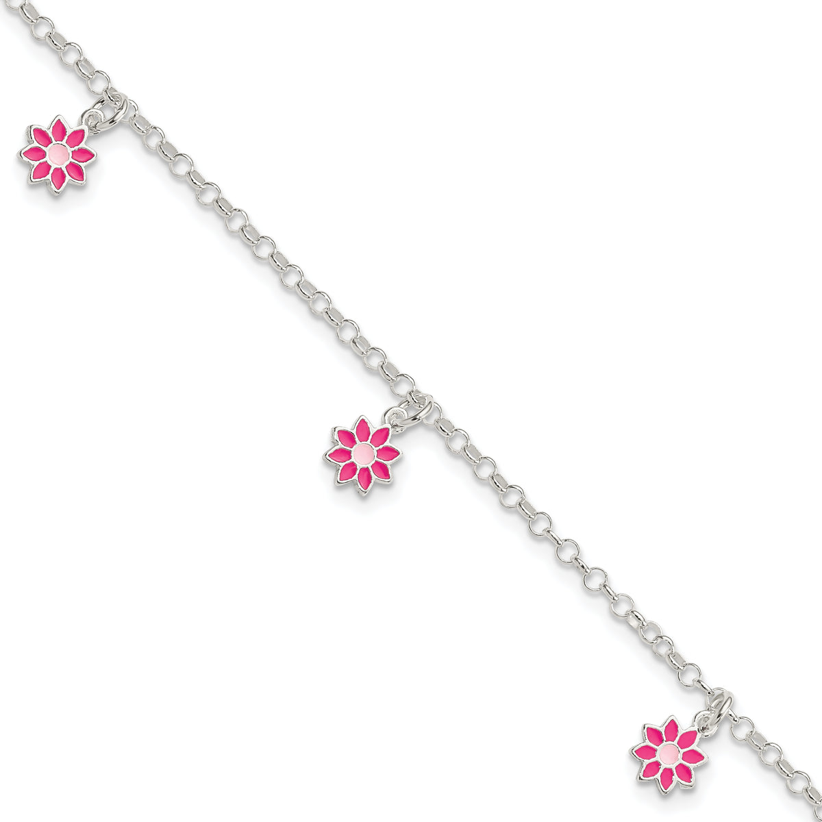 Sterling Silver Polished Pink Enameled Flowers Children's Bracelet