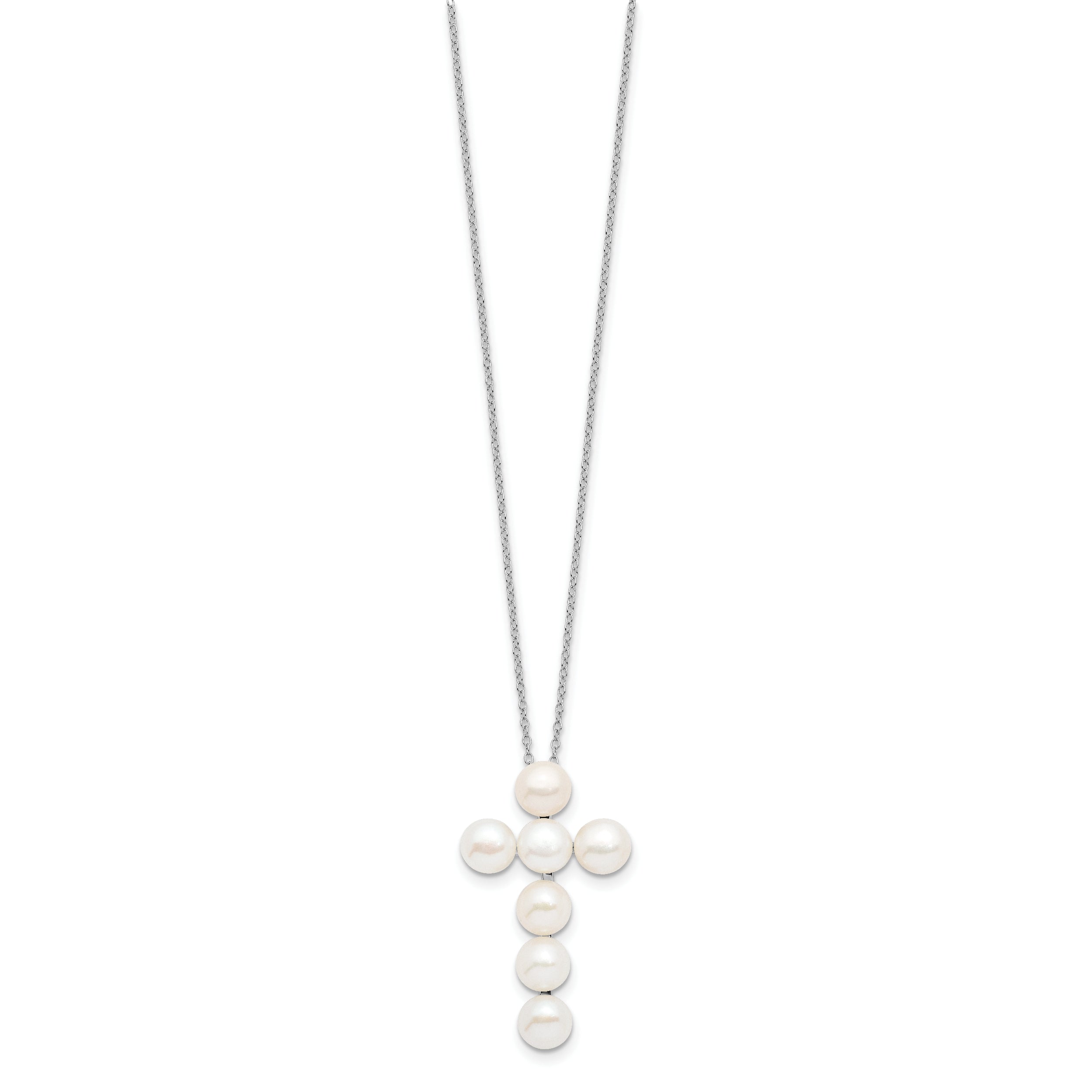 Sterling Silver 925 Pearl Cross Necklace with Polished Rhodium Finish