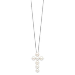 Sterling Silver 925 Pearl Cross Necklace with Polished Rhodium Finish