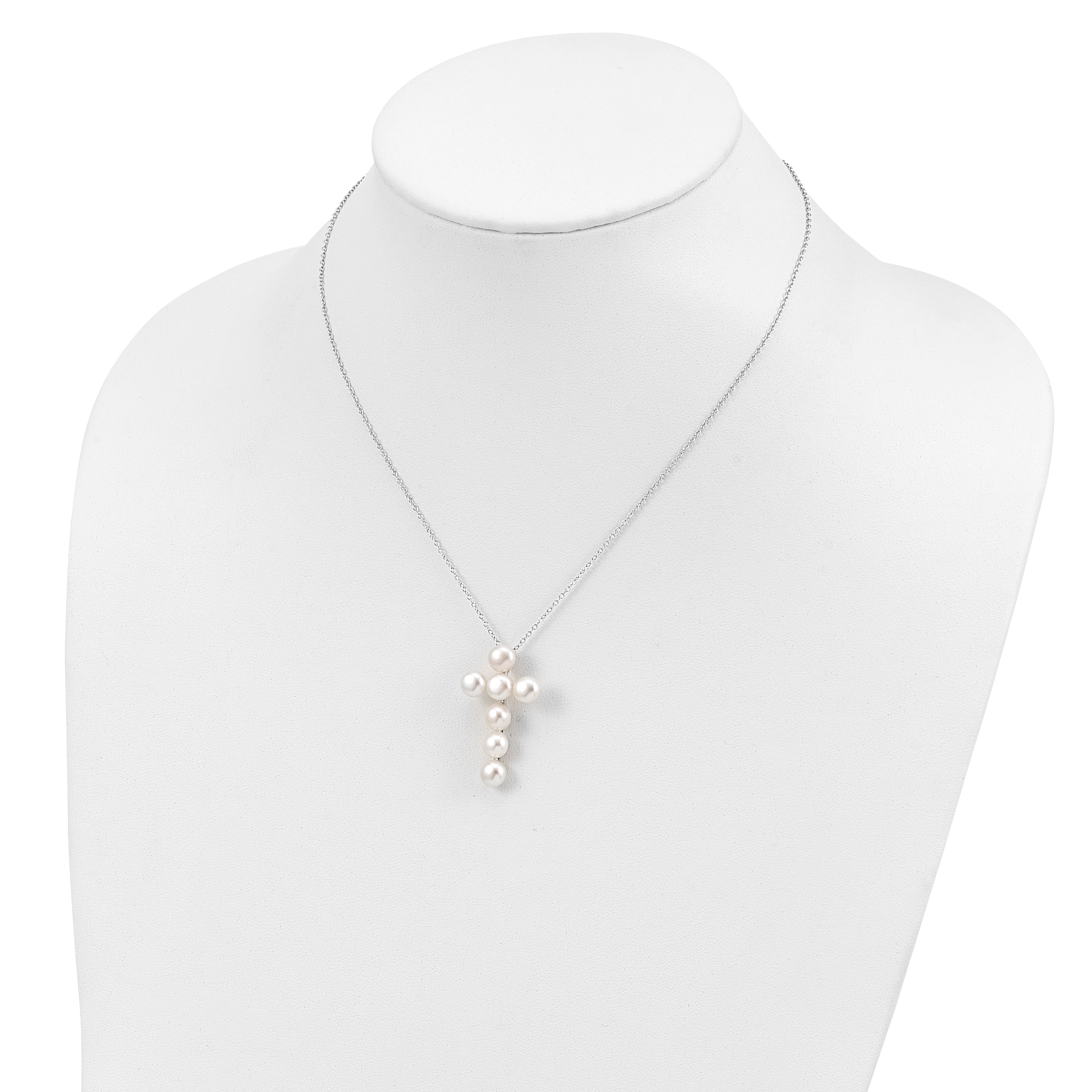 Sterling Silver 925 Pearl Cross Necklace with Polished Rhodium Finish