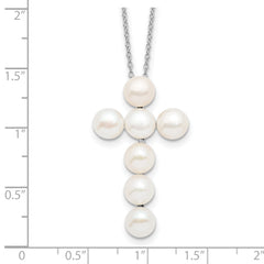 Sterling Silver 925 Pearl Cross Necklace with Polished Rhodium Finish