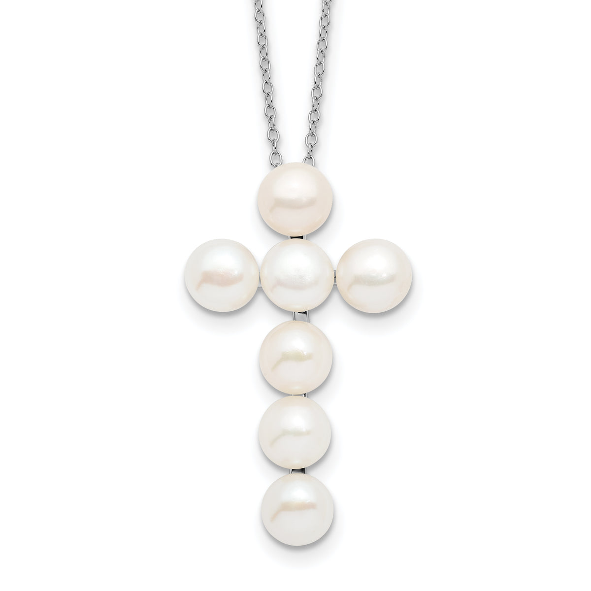 Sterling Silver Rhodium-plated 6-7mm White FWC Pearl Cross Necklace