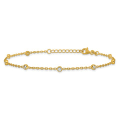 Sterling Silver Gold-tone Polished CZ Stations 9in Plus 1in ext Anklet