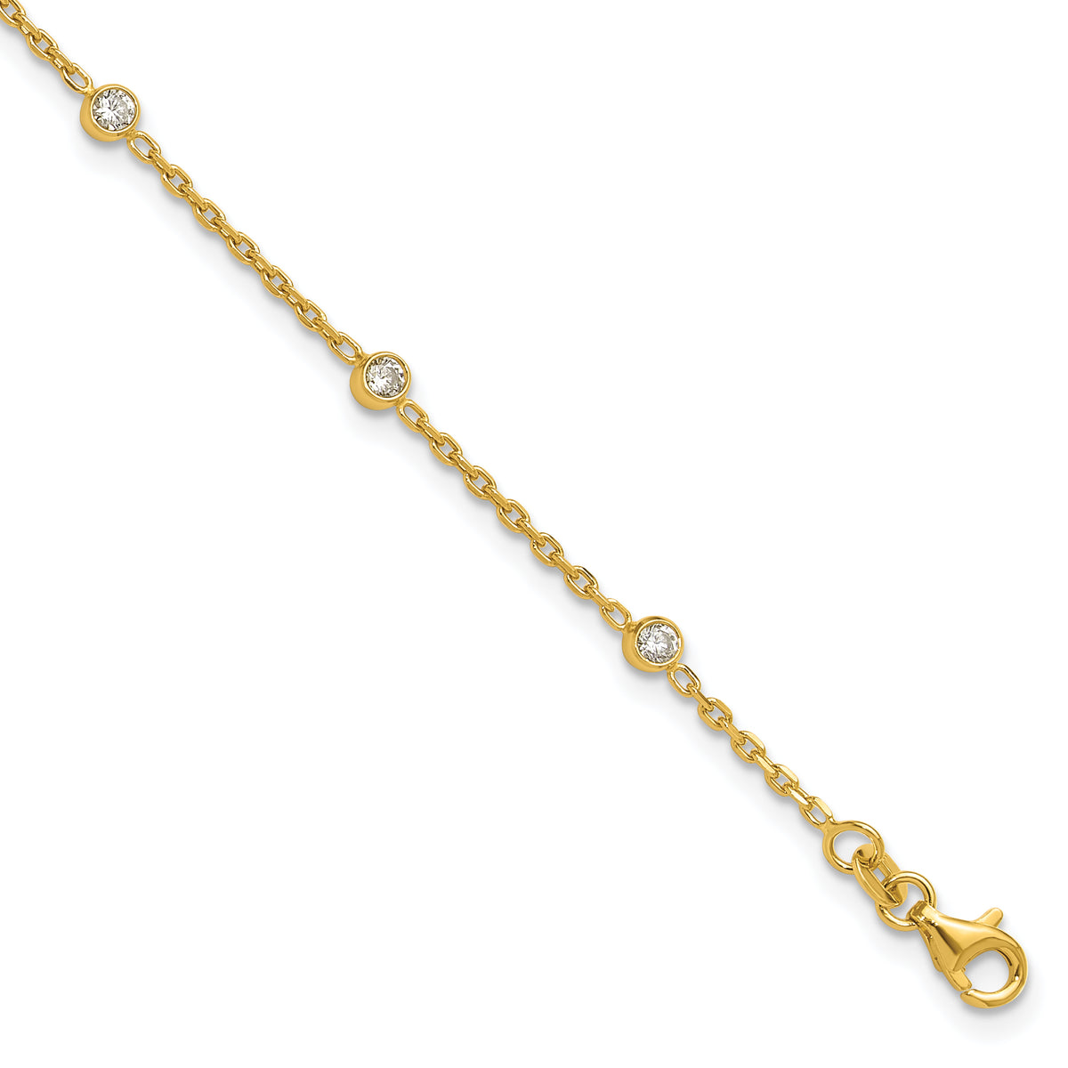 Sterling Silver Gold-tone Polished CZ Stations 9in Plus 1in ext Anklet