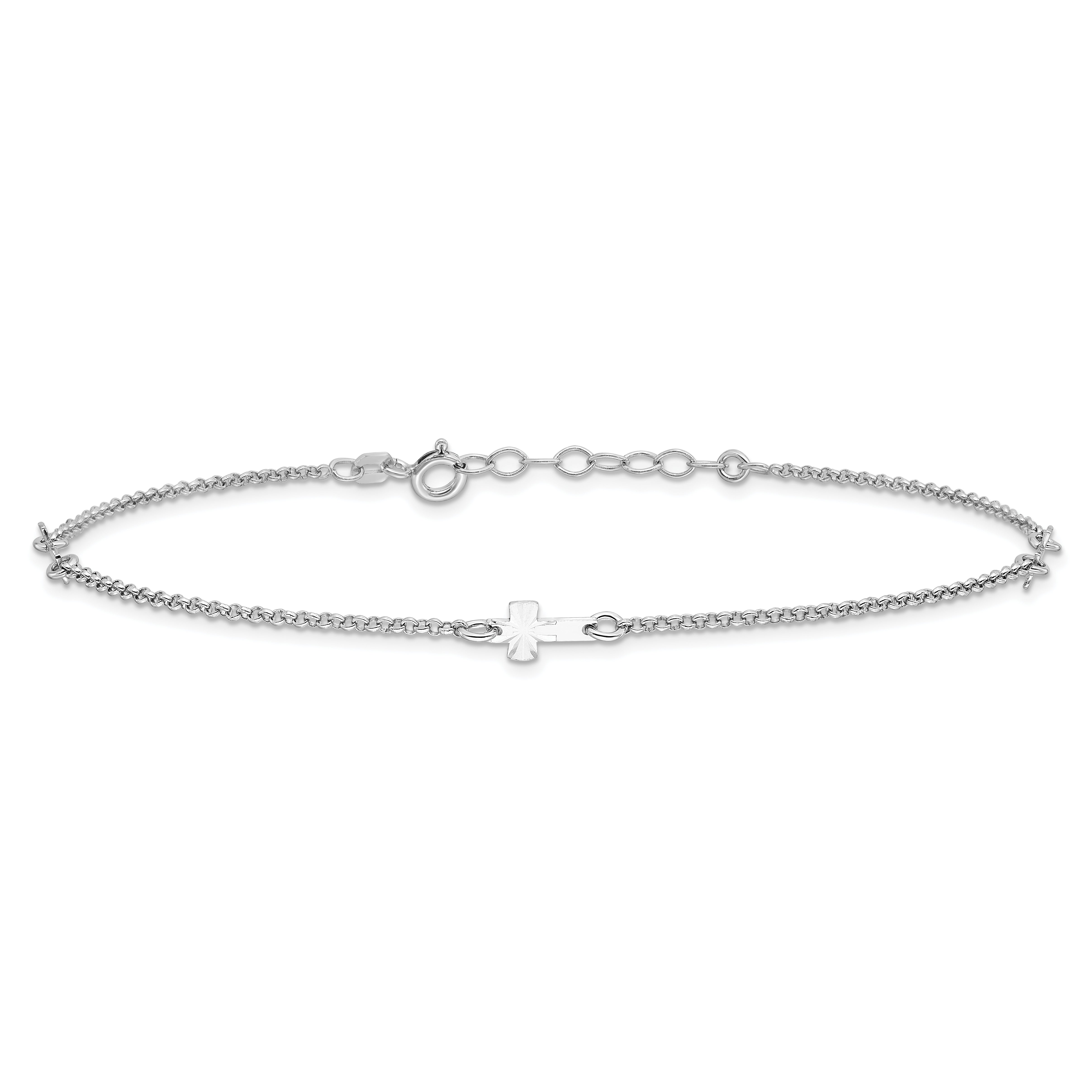 Sterling Silver Rhod-plated Diamond-cut Crosses 9in Plus 1in Ext. Anklet