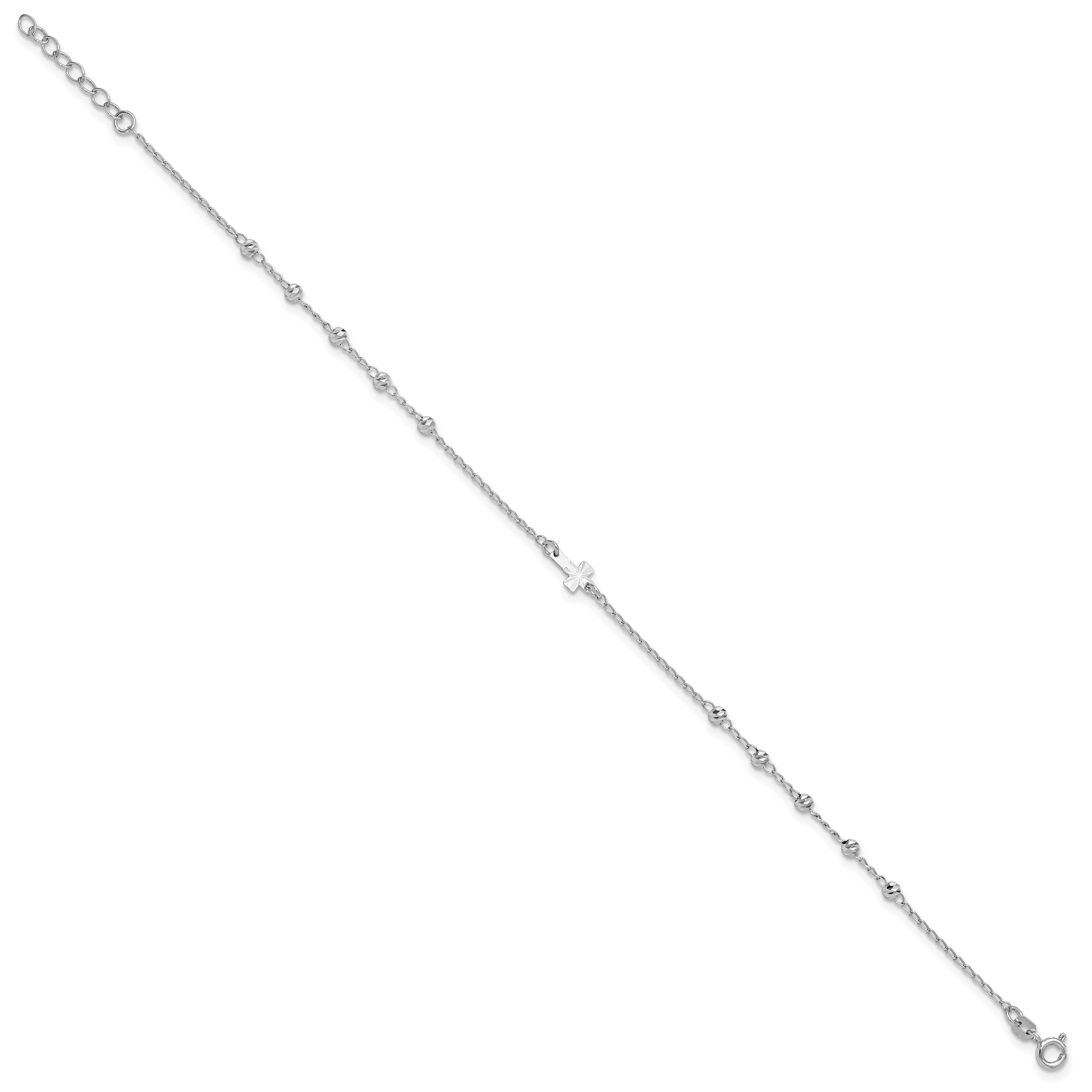 Sterling Silver Rhod-plated Diamond-cut Beads 9in Plus 1in Ext. Cross Ankle