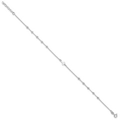 Sterling Silver Rhod-plated Diamond-cut Beads 9in Plus 1in Ext. Cross Ankle