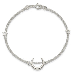 Sterling Silver Polished Moon and Stars 2-strand 7.5in Bracelet