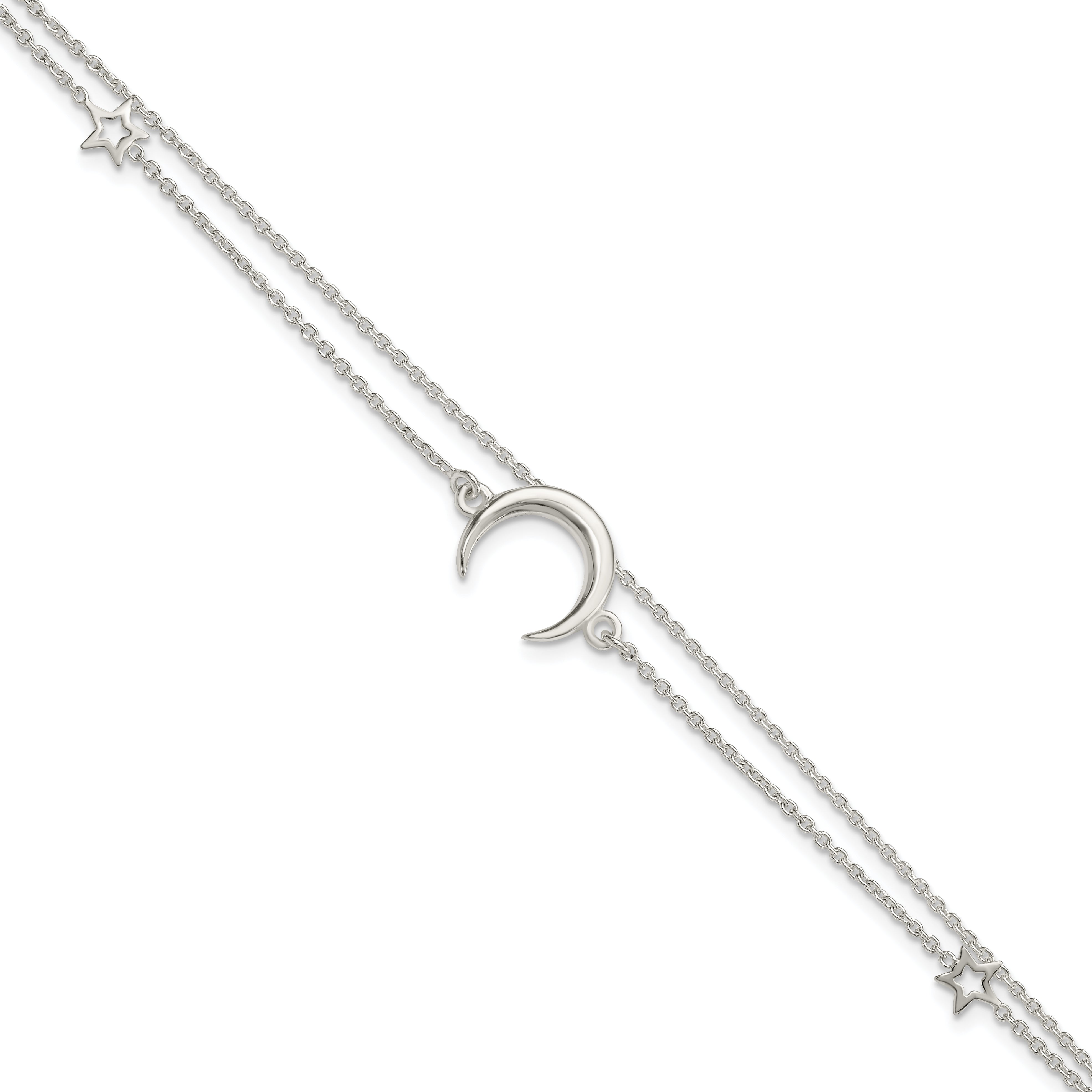 Sterling Silver Polished Moon and Stars 2-strand 7.5in Bracelet