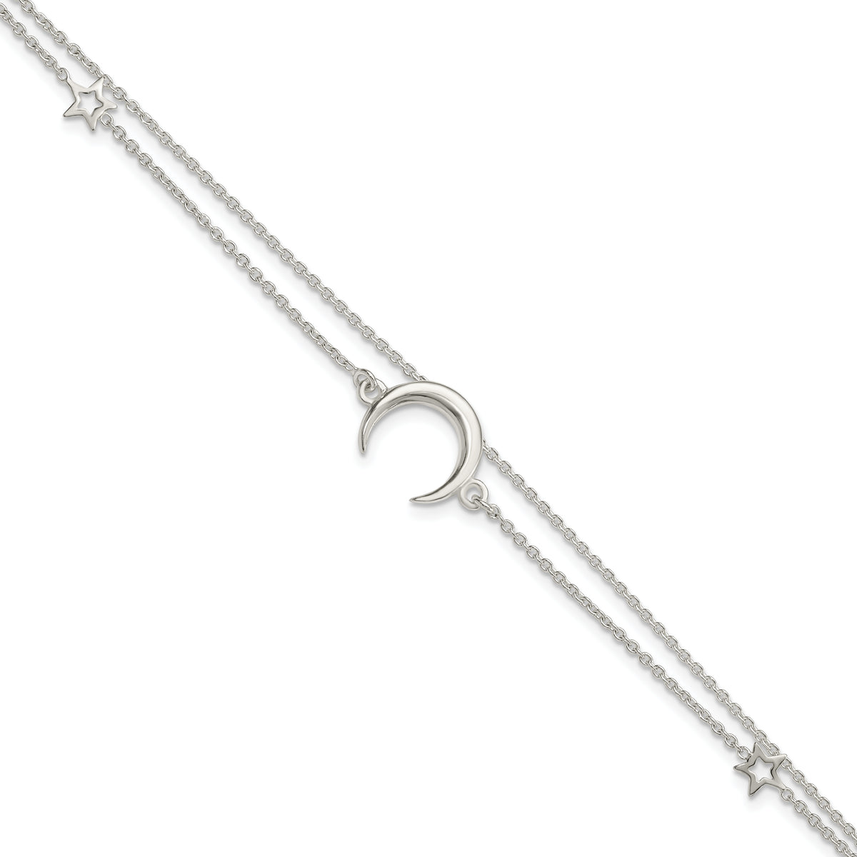 Sterling Silver Polished Moon and Stars 2-strand 7.5in Bracelet