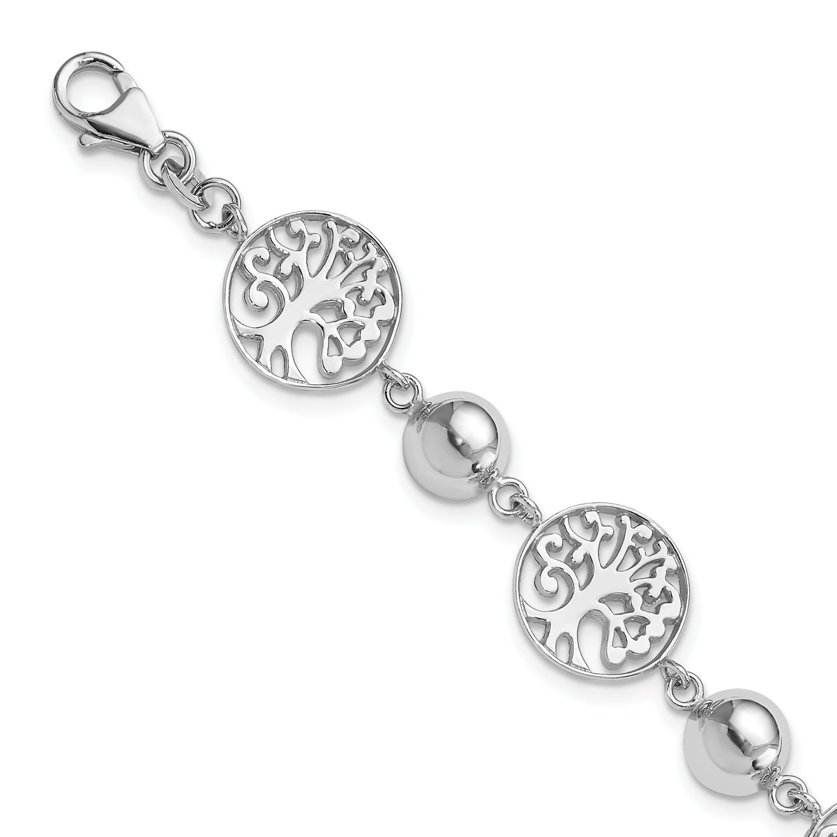 Sterling Silver Rhod-plated Round Tree and Circle w/1in ext. Bracelet